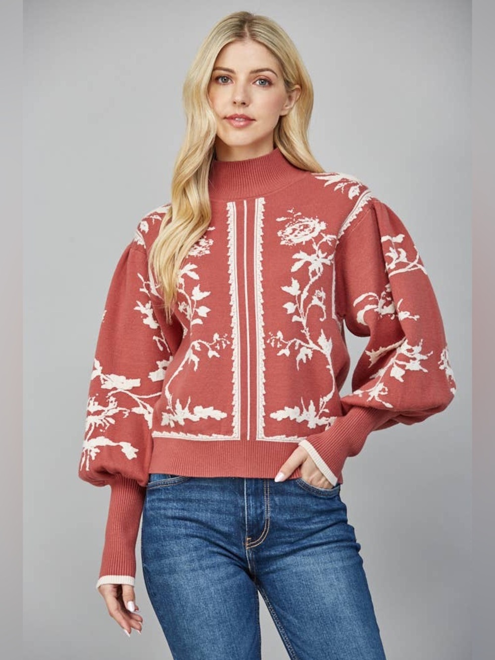 NWT Dramatic Ballon Sleeve Mock Neck Sweater White Floral On Terracotta